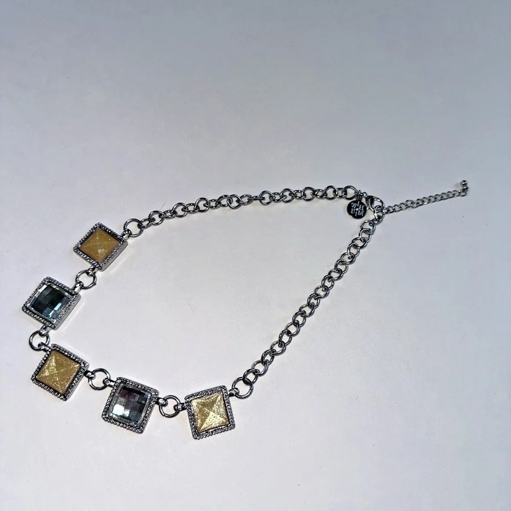 White House Black Market Necklace Women OS Silver Gold Excellent Square Crystal